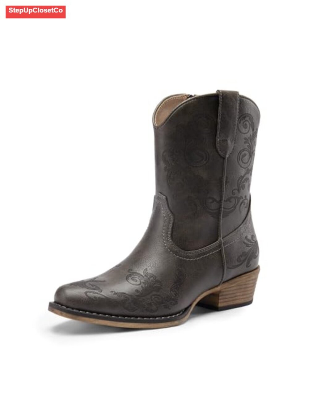 Vegan Leather Retro Square Toe Cowboy Ankle Boots with Side Zipper